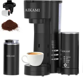 Aikami 797427998149 4 In 1 Single Serve Coffee Maker With Milk Frother And Grinder Black
