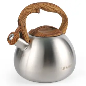 Be-3l-sr Belanko 3 Liter Silver Whistling Tea Kettle Wood Pattern Handle Stainless Steel Teapot