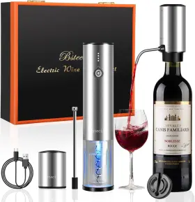 Bst-0801 Bsteciar Electric Wine Bottle Opener Set With Luxurious Wooden Gift Box Silver