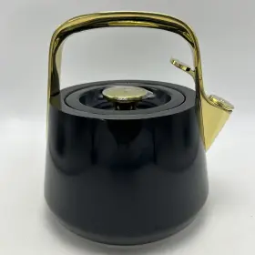 Caraway 810118300257 2 Quart Whistling Tea Kettle Stainless Steel Black Gold Handle Pot Read