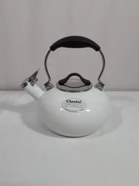 82520 Chantal White Tea Kettle Enamel On Steel Whistling Stove Top Excellent Condition