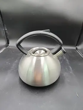0815 Copco Tea Kettle Water Pot Stainless Steel Whistling Black Accents Vtg Nice