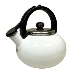 0909 Copco Vtg White Whistling Tea Kettle Enamel Durable Stainless Steel 2.5 Quart