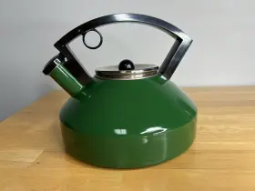 2503-38 Copco Vtg Green Jazz Whistling Enamel Tea Kettle 2.5 Quart Art Deco Euc Read