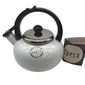 Copco 2503-52 2.5 Quart White Enamel Whistling Kettle With Black Handle