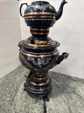 0318145 Copper Vintage 5 Lt Blue Electric Samovar Tea Set Cylinder Kettle Decorative