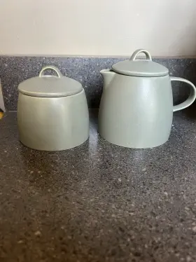 527-298 Crate & Barrel And Sage Green Lidded Creamer Sugar Set