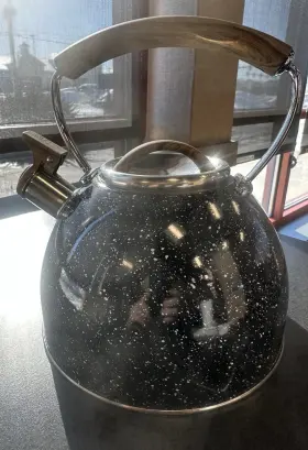 6731-blk Dependable Industries Inc. Essentials Black Speckle Enamelware Kettle 2.5qt Stove Top Camp Fire Hot Water Ss Whistle