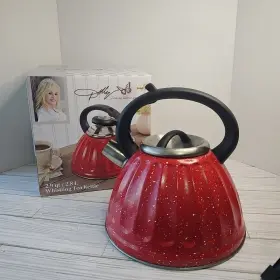 5641907 Dolly Vintage Parton 3.3 Quart Whistling Red Speckled Enamelware Tea Kettle