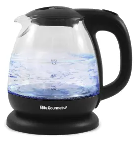 1100w Elite Gourmet 717056132240 Clear Glass Tea Kettle Cordless Electric Water Teapot Safe Fast Boiling