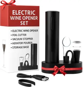 Aug-hkd-02 Elteecee Rechargeable Electric Wine Opener Set Easy One-touch Corkscrew With Black