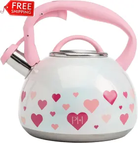 Epoca 445017342362 Paris Hilton Whistling Stovetop Tea Kettle Stainless Steel With Iridescent Hear