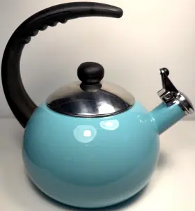 72913 Farberware 2.5 Quart Teal Luna Whistling Stovetop Tea Kettle Euc
