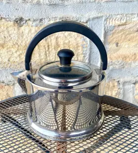 C097 Farberware Rare Vtg Stainless Steel Teapot Kettle 2.5 Quart W Glass Lid
