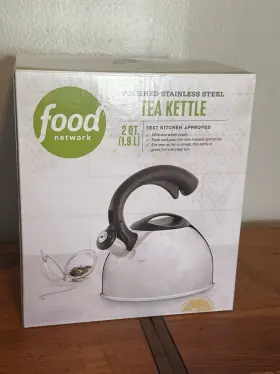 150901 Food Network New 2 Quart Polished Stainless Steel Black Whistling Tea Kettle Nib