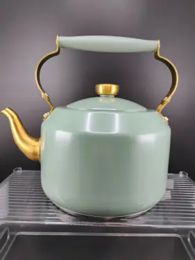 A-94688414 Hearth & Hand And Modern Green Gold Stovetop Tea Kettle With Lid