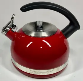 Ktyen20cber Kitchenaid Empire Red Enamel 2 Quart Whistling Tea Kettle With Black C Handle