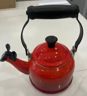 40113210060241 Le Creuset Cerise Red Enamel On Steel 1.25 Quart Demi Whistling Tea Kettle