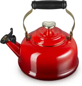 40138260060291 Le Creuset Enamel On Steel Whistling Tea Kettle 1.7 Quart Cerise Light Gold