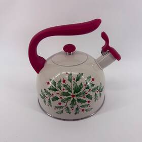 Lenox 897976 2025 Holiday Holly Whistle Tea Kettle Cream Red Handle Excellent Condition