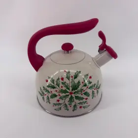 897976 Lenox 2025 Holiday Holly Whistle Tea Kettle Cream Red Handle Excellent Condition