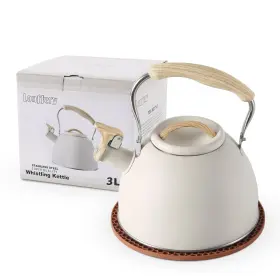 Lonffery 795261183790 3.2 Quart Whistling Tea Kettle Stove Top Stainless Steel Wood Handle - Creamy W
