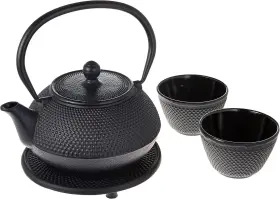 T8010 M.v. Tradingonline Cast Iron Tea Kettle 2 Cups Set Contemporary Dutch Hobnail Style With Trivet