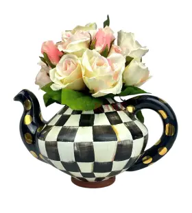 11512-040 Mackenzie-childs Courtly Check Ceramic Teapot Bonus Roses No Lid New Box