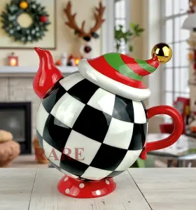 35509-0671 Mackenzie-childs Courtly Check Granny Kitsch Tipsy Teapot New No Box