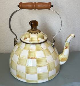 Mackenzie-childs 69977w21273 Mackenzie-childs Parchment Check Yellow Enamel Tea Kettle - 3 Quart
