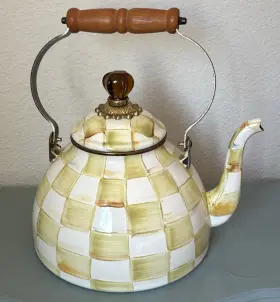 69977w21273 Mackenzie-childs Parchment Check Yellow Enamel Tea Kettle - 3 Quart
