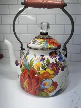 6997tw15334 Mackenzie-childs Floral Glazed Flower Market Enameled Tea Kettle Used Condition