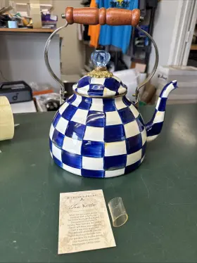 6997tw19059 Mackenzie-childs Royal Blue Check Tea Kettle Pot With Wooden Handle