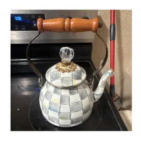 6997tw24090 Mackenzie-childs Enamel Stove Top Tea Kettle White/gray Wood Ergonomic Handle