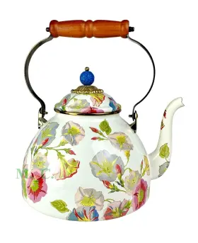 89236-0032 Mackenzie Childs White Floral Morning Glory Enamel Tea 3 Quart Kettle New Damaged
