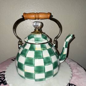 Mackenzie-childs 89236-1040 Mackenzie-childs Limeaid Check Enamel Stove Top Kettle Green White 3qt