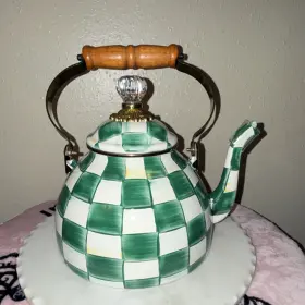 89236-1040 Mackenzie-childs Limeaid Check Enamel Stove Top Kettle Green White 3qt