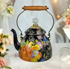 89257-70 Mackenzie-childs Black Flower Market Tea Kettle 2 Quart New No Box