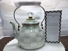 89275-540 Mackenzie-childs Courtly Check Blue Enamel Tea Kettle 3.0 Quart Decorative