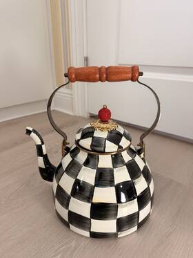 Mackenzie-childs 89917-240 Mackenzie-childs Courtly Check Tea Kettle 3 Quart Black White Enamel Wood Handle