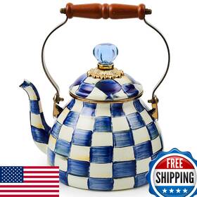 Mackenzie-childs B07pj1qyw6 Mackenzie-childs Enamel Tea Kettle 2-quart Royal Check Stovetop Blue/white