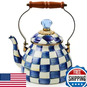 B07pj1qyw6 Mackenzie-childs Enamel Tea Kettle 2-quart Royal Check Stovetop Blue/white