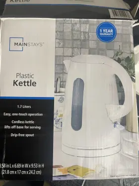 Mainstays 897074550236 1.7 Liter Plastic Kettle Cordless One Touch Operation White