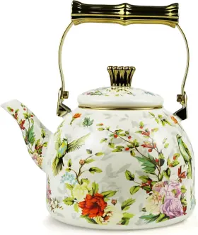 Md-kettle02-niaohua Merstead Vintage Enamel Tea Kettle Birds Floral Pattern Stovetop Teapot With Gold Han