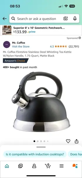 127552.01 Mr. Coffee Flintshire 1.75 Quart Whistling Stovetop Tea Kettle In