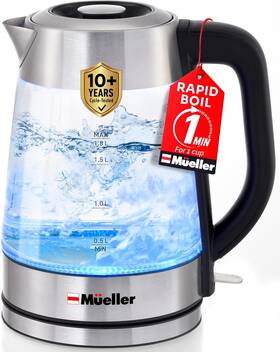 Mueller 313100320399 Rapid Boil Electric Tea Kettle 1.8l Borosilicate Glass And Stainless Ste