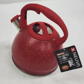 Neuva 822222103631 Whistling Induction Tea Kettle 3.2 Quart Red White And Steel Speckle Finish