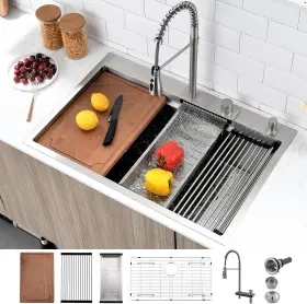 Kd640b Ovente 313054089014 33-inch Drop In Waterfall Kitchen Sink Workstation 33x22 W