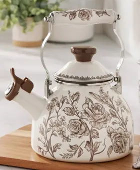 Pioneer Woman 085081659347 Agatha 1.8 Quart Tea Kettle Enamel / Steel Brown Floral Gift