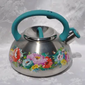 15423h Pioneer Woman Steel Whistle Kettle Sweet Romance 8 Inch H 9 W Large Capacity Lovely